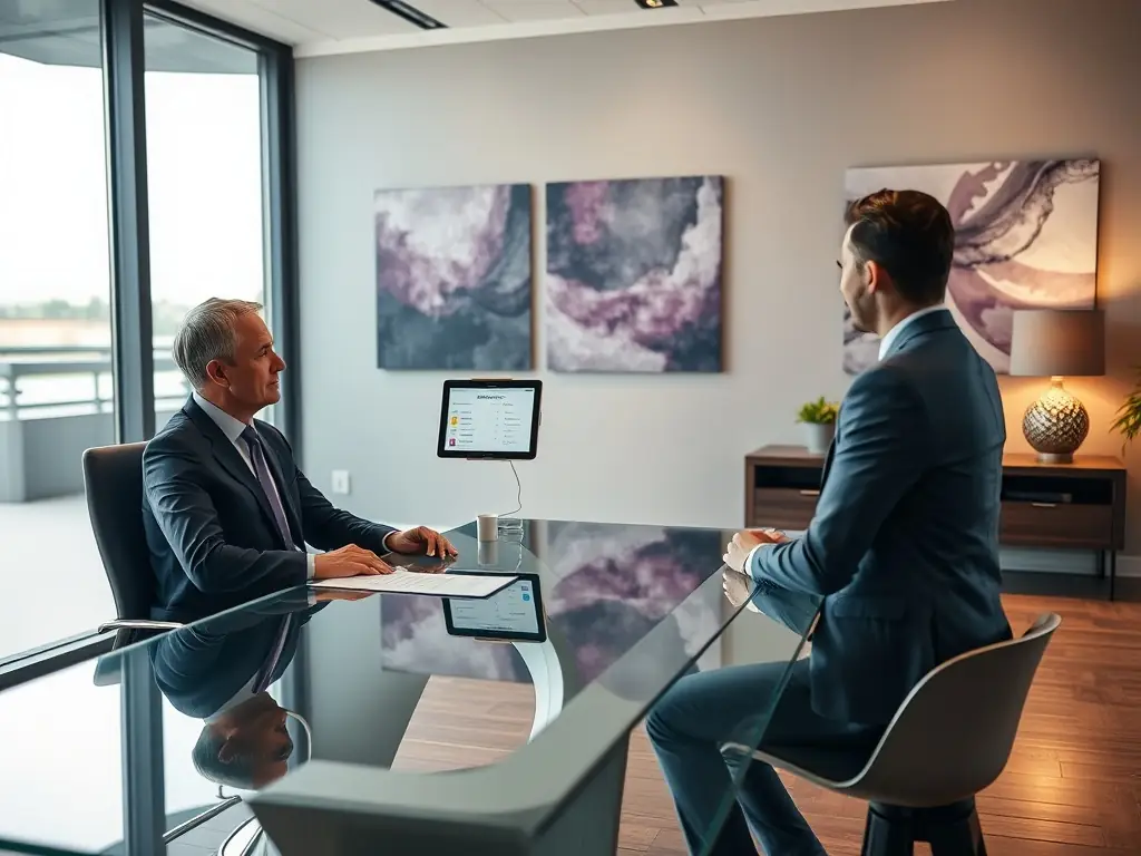 An image of a financial advisor reviewing investment portfolios on a digital tablet with UK landmarks in the background, symbolizing expertise in the UK market.