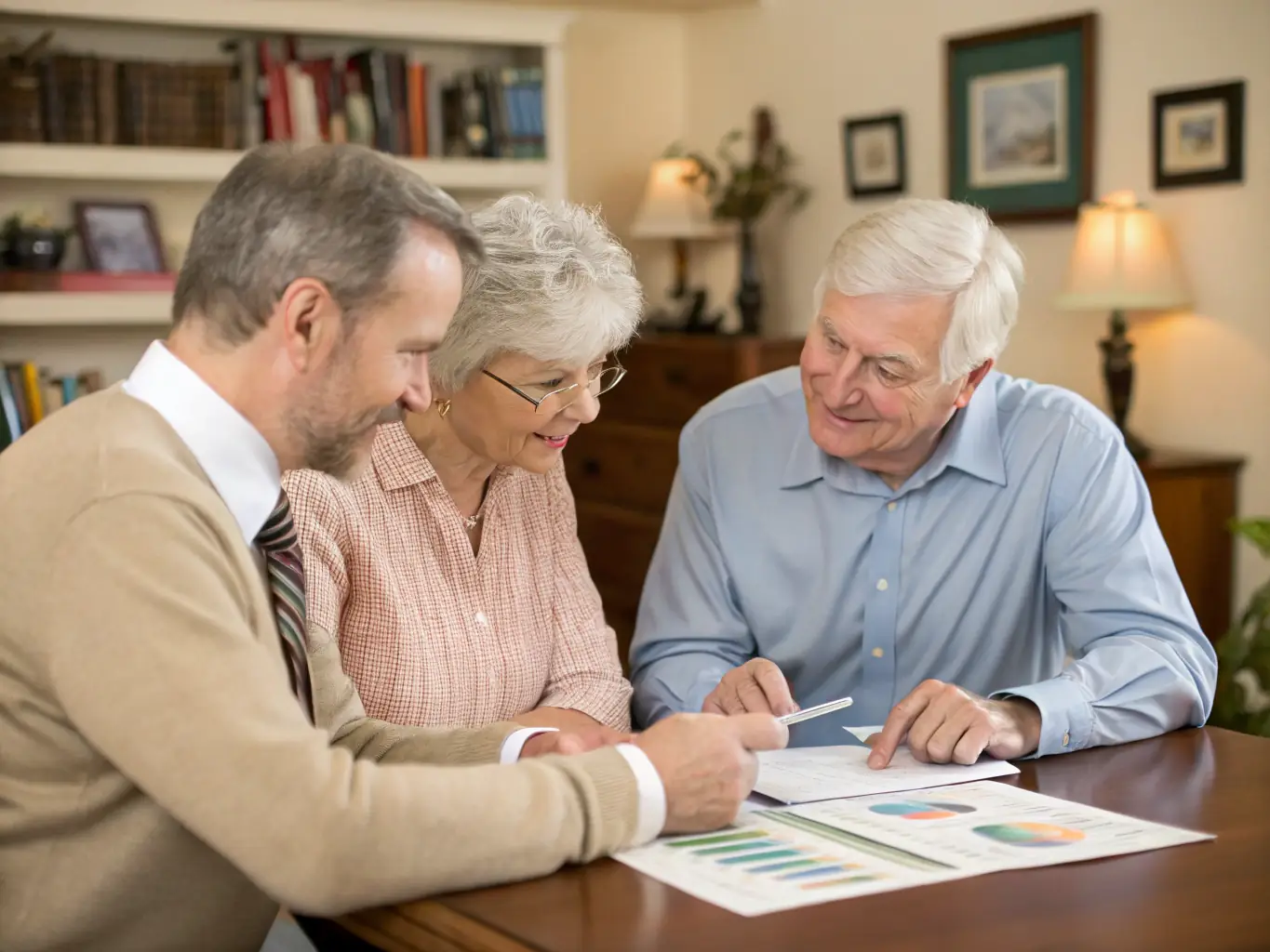 An image of a happy retiree reviewing financial documents with a financial advisor in a professional office setting, representing a secure financial future.